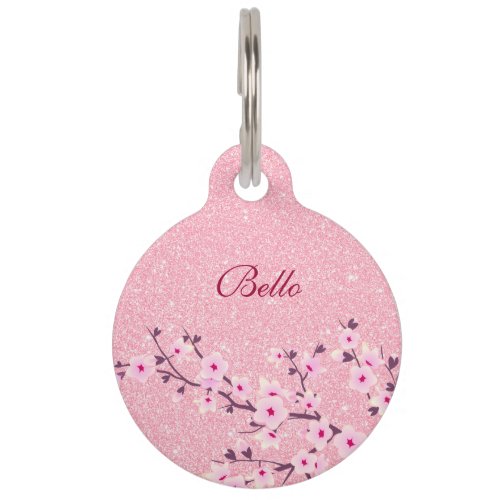 Cherry Blossoms Pink Glitter Personalize Pet ID Tag