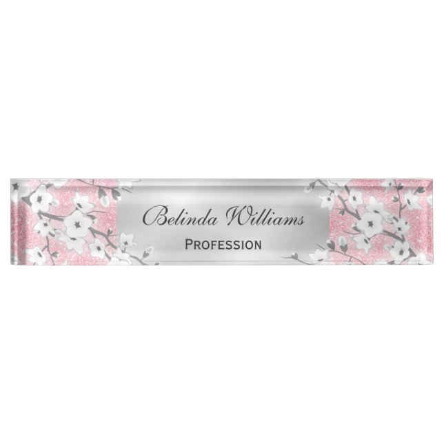 Cherry Blossoms Pink Glitter Silver Desk Name Plate (Front)