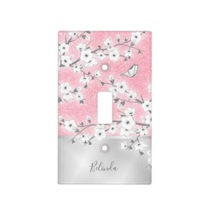 Cherry Blossoms Pink Glitter Silver Monogram Light Switch Cover