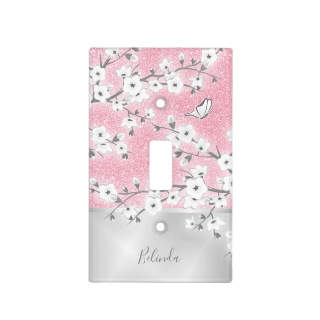Cherry Blossoms Pink Glitter Silver Monogram Light Switch Cover (Front)