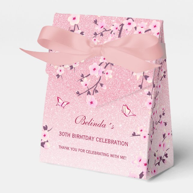 Cherry Blossoms Pink Glitter Thank You Birthday  Favor Boxes (Front Side)