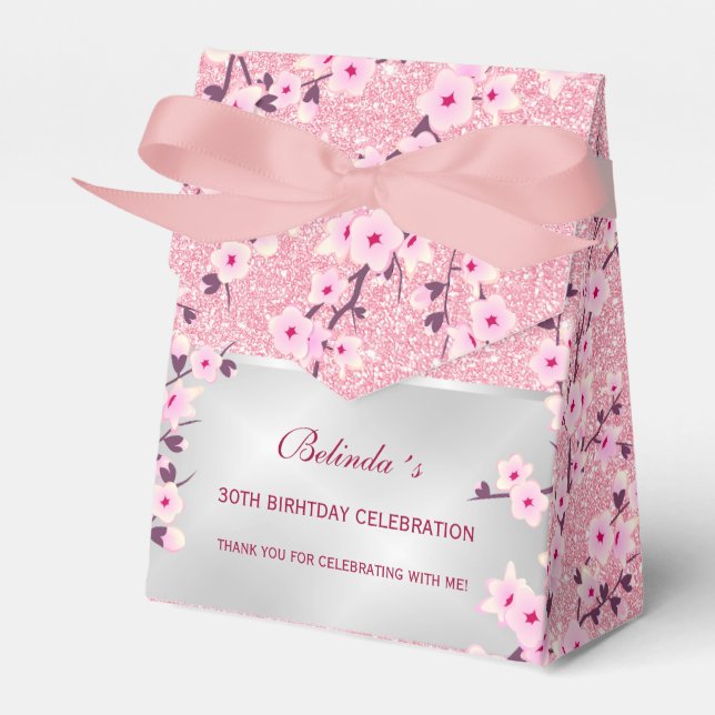 Cherry Blossoms Pink Glitter Thank Your Birthday Favor Boxes (Front Side)