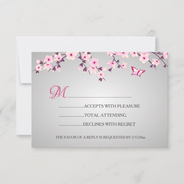Cherry Blossoms  Pink Gray Baby Shower RSVP Card (Front)