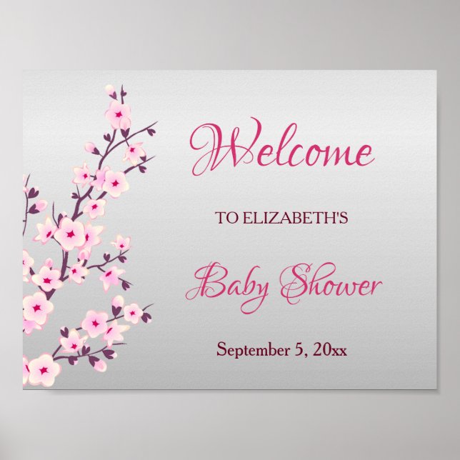 Cherry Blossoms Pink Gray Custom Baby Shower Poster (Front)