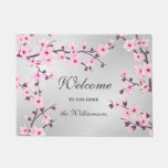 Cherry Blossoms Pink Gray Family Name Welcome Doormat at Zazzle
