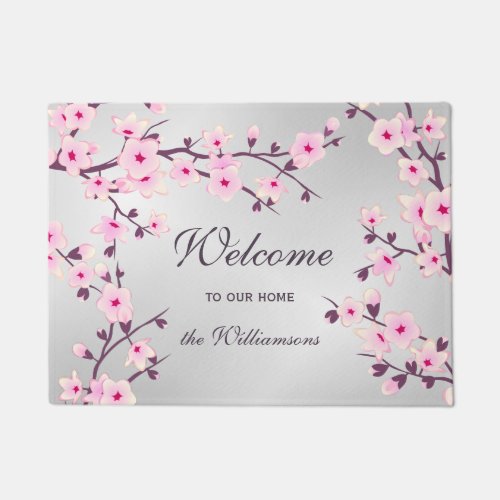 Cherry Blossoms Pink Gray Family Name Welcome Doormat
