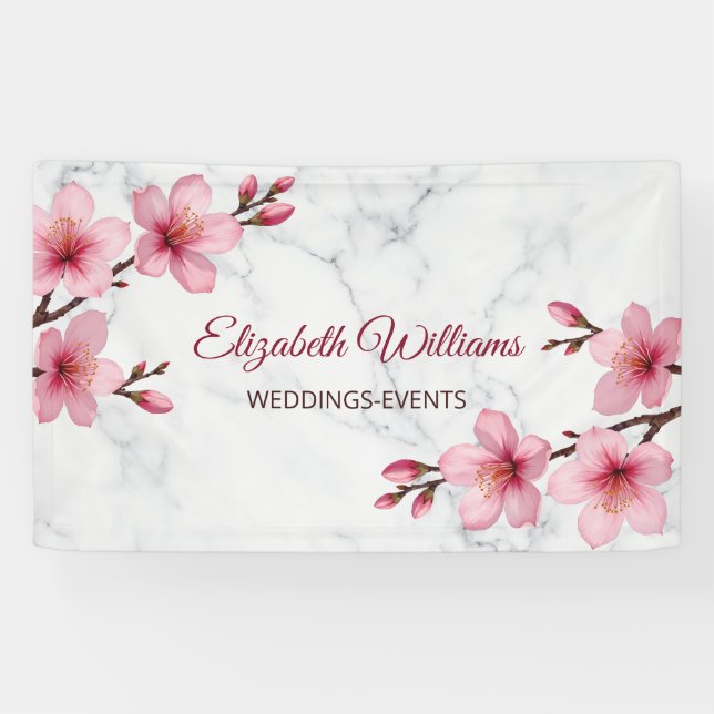 Cherry Blossoms Pink Gray Marble Banner (Horizontal)