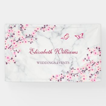 Cherry Blossoms Pink Gray Marble Banner by NinaBaydur at Zazzle