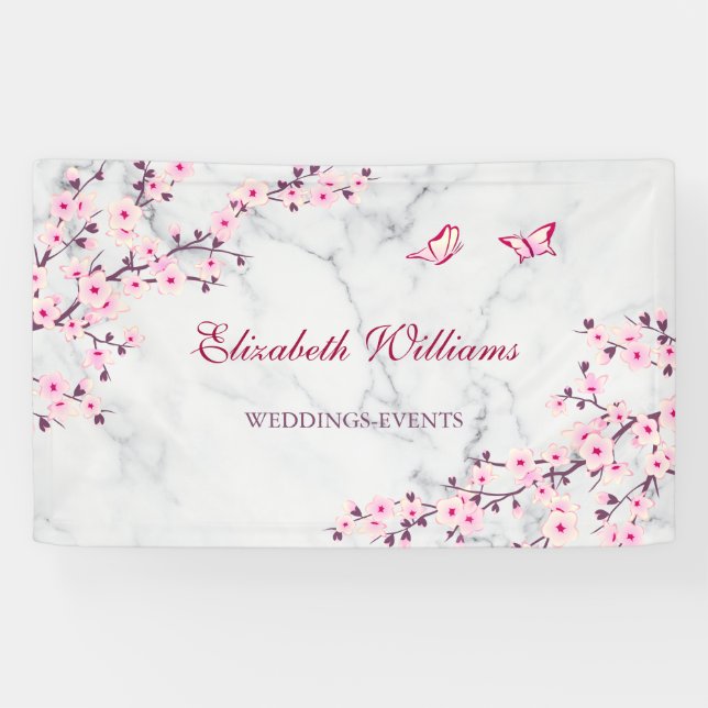 Cherry Blossoms Pink Gray Marble Banner (Horizontal)