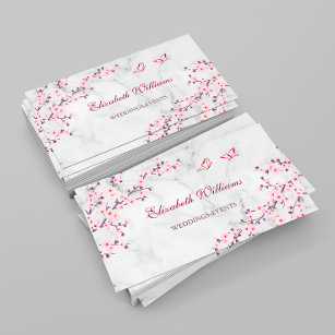 Cherry Blossoms Pink Gray Marble Business Card