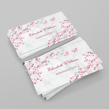 Cherry Blossoms Pink Gray Marble Business Card by NinaBaydur at Zazzle