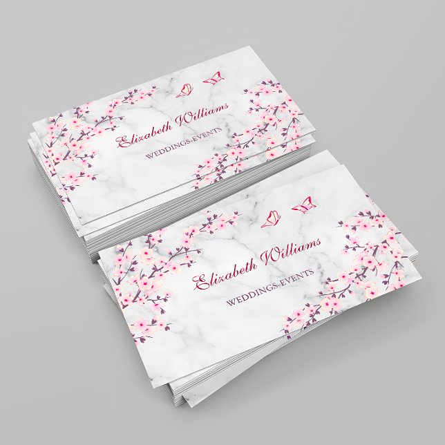Cherry Blossoms Pink Gray Marble Business Card (Creator Uploaded)