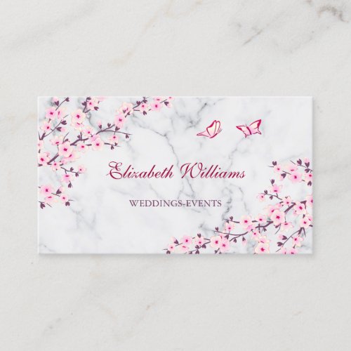 Cherry Blossoms Pink Gray Marble Qr Code Business Card