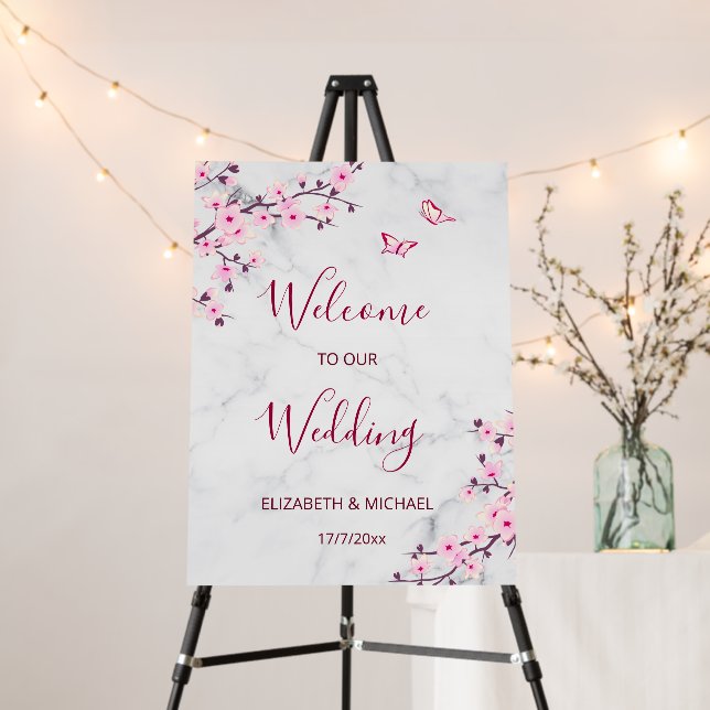 Cherry Blossoms Pink Gray Marble | Welcome Foam Board (In Situ (Stand))