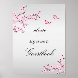 Cherry Blossoms Pink Gray Sign Guestbook 