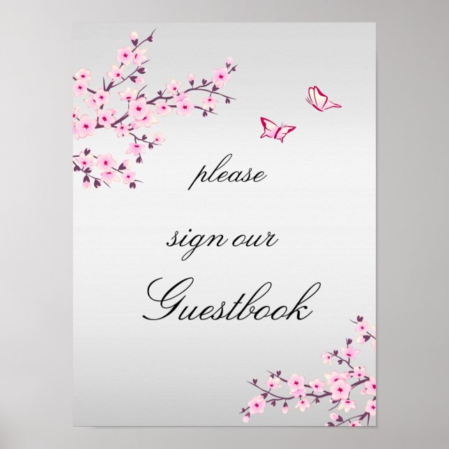 Cherry Blossoms Pink Gray Sign Guestbook  (Front)