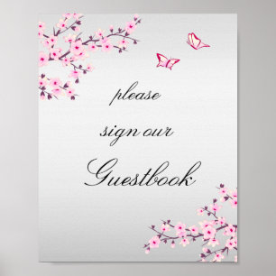 Cherry Blossoms Pink Gray Sign Guestbook 