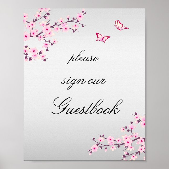 Cherry Blossoms Pink Gray Sign Guestbook  (Front)