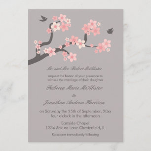 Cherry Blossoms Pink/Grey Wedding Invitation