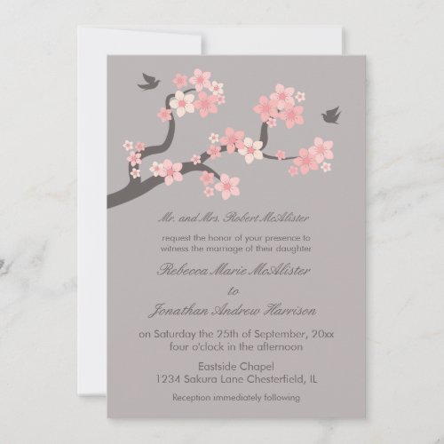 Cherry Blossoms PinkGrey Wedding Invitation