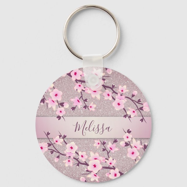 Cherry Blossoms Pink Mauve Glitter Keychain (Front)