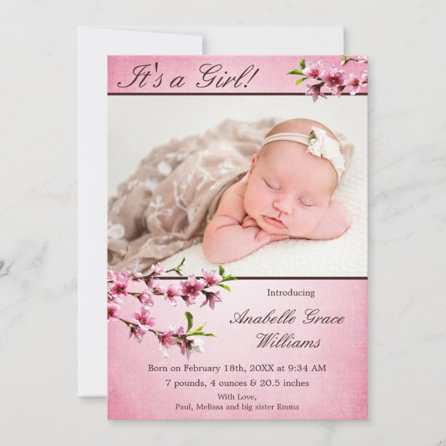 Cherry Blossoms Pink Photo Birth Announcement (Front)
