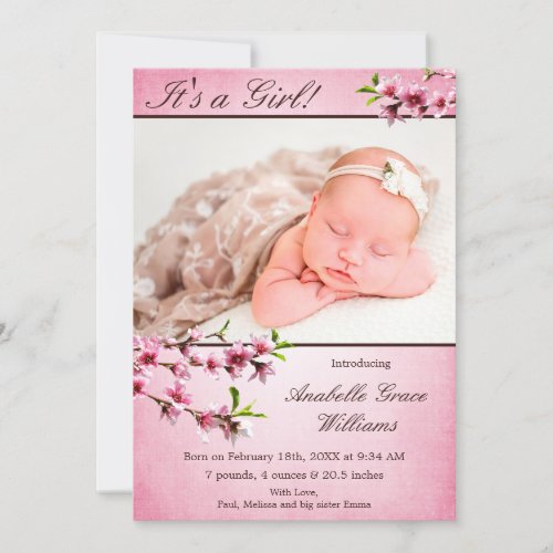 Cherry Blossoms Pink Photo Birth Announcement