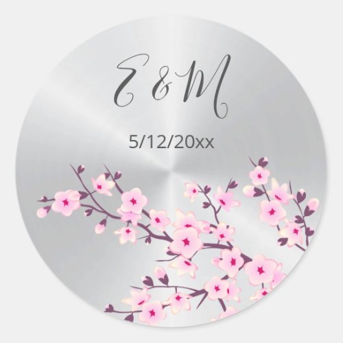 Cherry Blossoms Pink Silver Custom Wedding  Classic Round Sticker