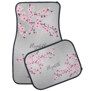Cherry Blossoms Pink Silver Gray Monogram Car Floor Mat