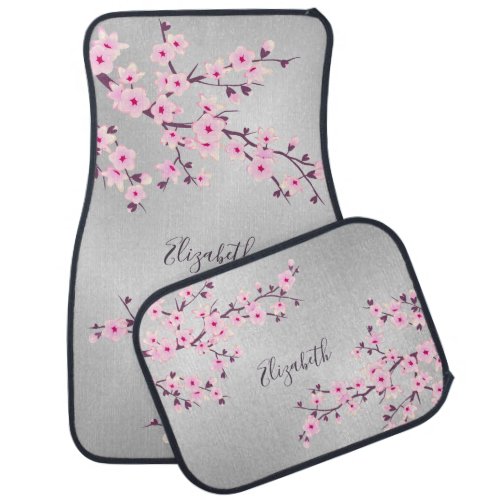 Cherry Blossoms Pink Silver Gray Monogram  Car Floor Mat