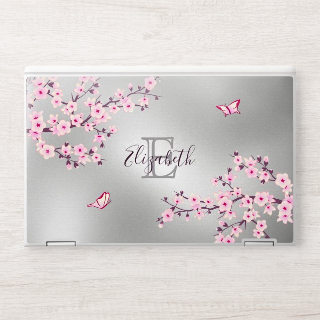 Cherry Blossoms Pink Silver Monogram Floral HP Laptop Skin (Front)