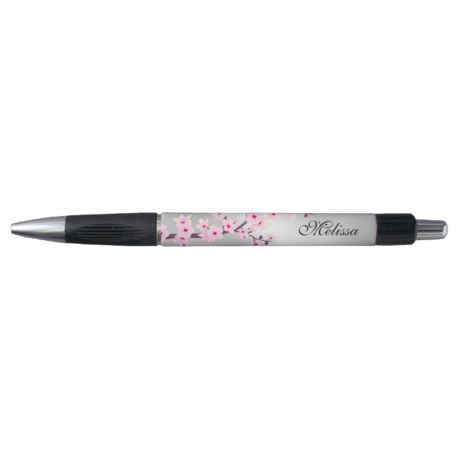 Cherry Blossoms  Pink Silver Monogram Pen (Front)