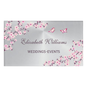 Cherry Blossoms Pink Silver Wedding Planner Name Tag