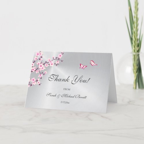 Cherry Blossoms Pink Silver Wedding  Thank You