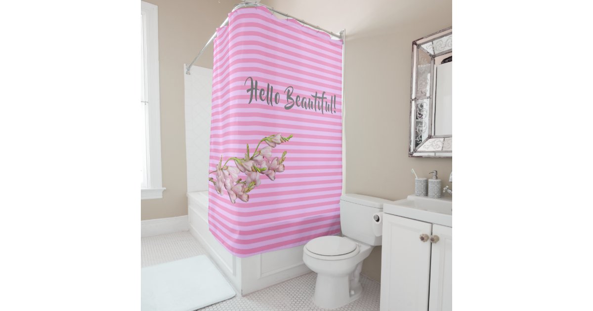 Cherry Blossoms Pink Strips Hello Beautiful! Shower Curtain Zazzle