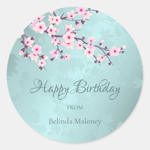 Cherry Blossoms Pink Turquoise   Custom Birthday  Classic Round Sticker