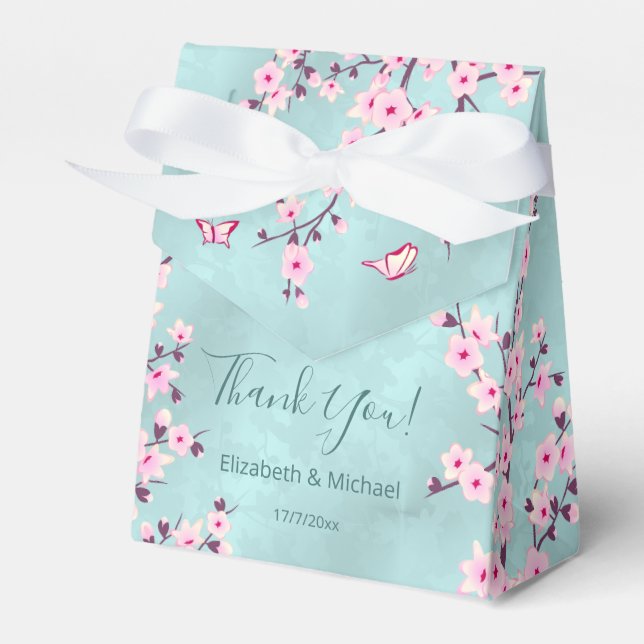 Cherry Blossoms Pink Turquoise | Custom Wedding Favor Boxes (Front Side)