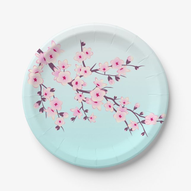 Cherry Blossoms Pink Turquoise Cute Floral Paper Plates (Front)