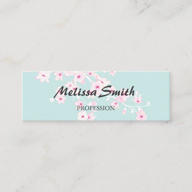 Cherry Blossoms Pink Turquoise Floral Mini Business Card (Front)
