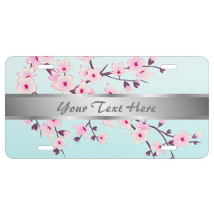Cherry Blossoms Pink Turquoise License Plate