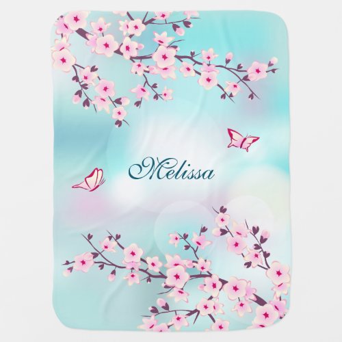 Cherry Blossoms Pink Turquoise Monogram Baby Blanket