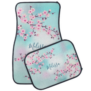 Cherry Blossoms Pink Turquoise Monogram Car Floor Mat