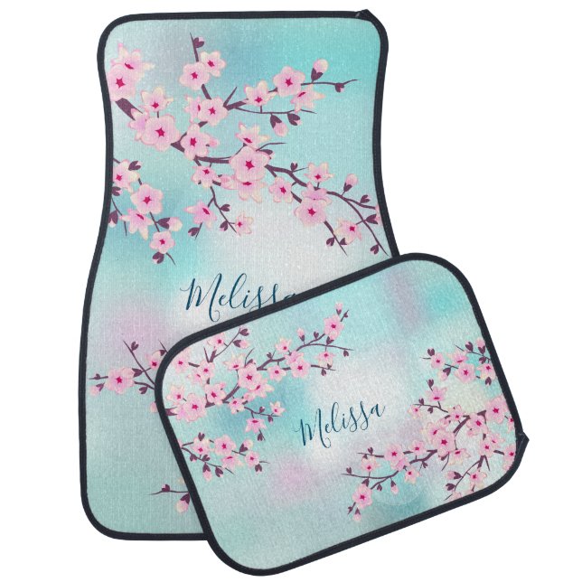 Cherry Blossoms Pink Turquoise Monogram Car Floor Mat (Set)