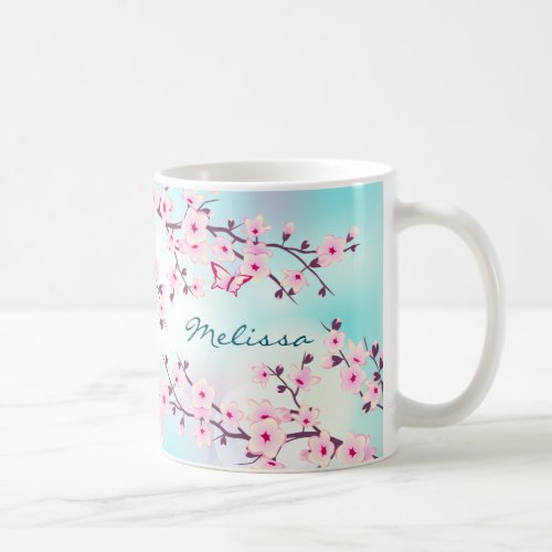 Cherry Blossoms Pink Turquoise Monogram Mug