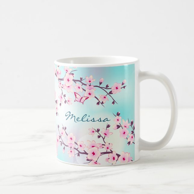 Cherry Blossoms Pink Turquoise Monogram Mug (Right)