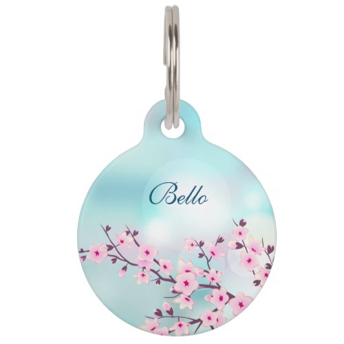 Cherry Blossoms Pink Turquoise  Personalize Pet ID Tag