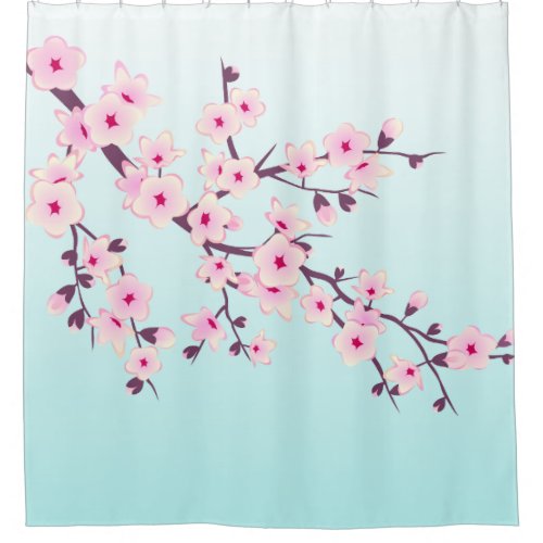 Cherry Blossoms Pink Turquoise Shower Curtain