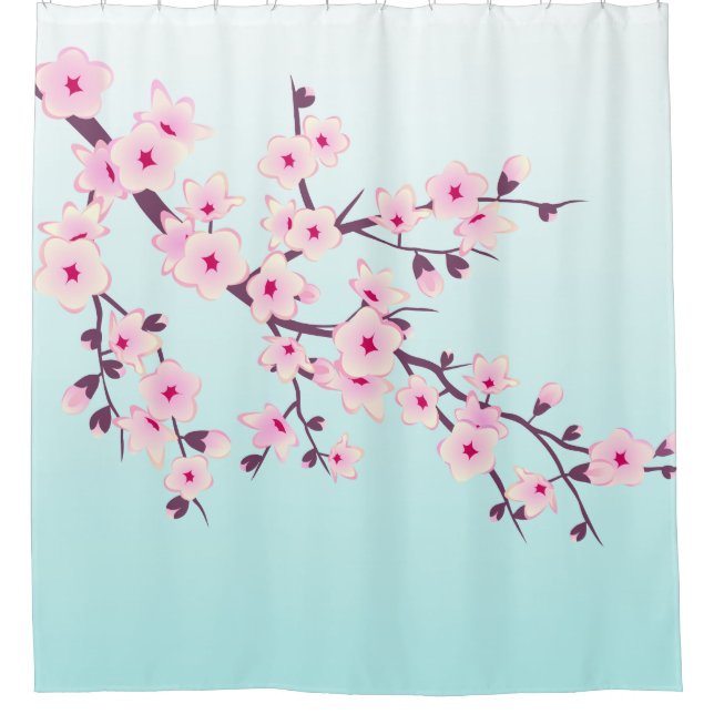 Cherry Blossoms Pink Turquoise Shower Curtain (Front)