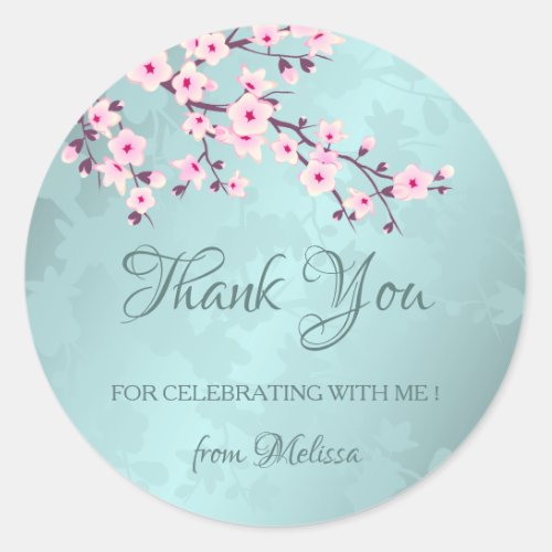 Cherry Blossoms Pink Turquoise Thank You Classic Round Sticker