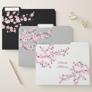 Cherry Blossoms Pink White Black Name Floral File Folder